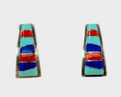 Fine Native American Zuni Sterling Silver Lapis Lazuli, Turquoise & Coral Chanel Inlay Statement Pierced Earrings

