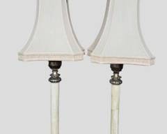 Pair Hollywood Regency Decorative Tall Table Lamps with Lucite Bases Metal/Bone Overlay Wood Silk Shades
