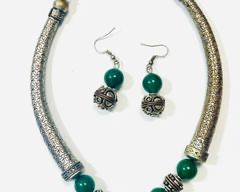 Vintage Tribal Silver Alloy Green Gemstone 20 Inch Statement Necklace W/ Matching Pierced Dangle Earrings
