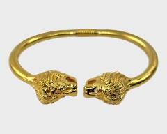 Figural Lion Head Etruscan Style Statement Bangle Bracelet W/ Gemstone Eyes
