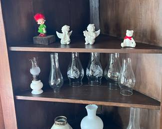 Milk glass; lamp shades; glass hurricane globes; figurines