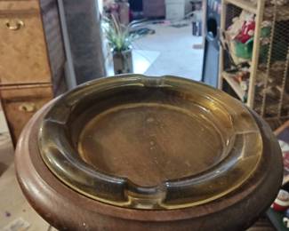 Large vintage glass ashtray with wood protector