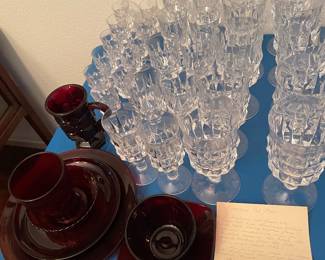 Cranberry glass and American cut glass - pattern is Flora