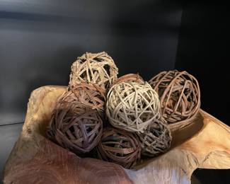 Rustic wood bowl with wicker balls