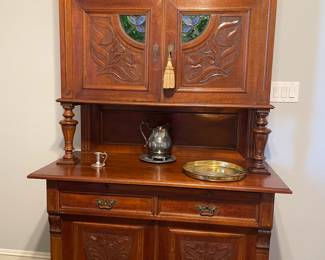 Art Nouveau Hutch with carved wood and stained glass