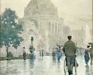 Lot # 120	$40,000.00  PAUL SAWYIER (KENTUCKY 1865-1917) MUSIC HALL, ST LOUIS, WATERCOLOR ON BOARD.	Sight height 17 in, width 11 in, frame height 28 in, width 21.5 in.  Watercolor on board. Originally represented by C.F. Brower and Co. Frankfort, Kentucky. Paul Sawyier, one of Kentucky's most renowned artists, was an American impressionist painter. Paul Sawyier (1865-1917) moved to Frankfort, KY at age five. He was a prolific painter of portraits and impressionist landscapes, many from the local area. He lived in Frankfort until his mother's death in 1908. He then lived in a houseboat on the Kentucky River and produced over 500 paintings. Condition: very good.  No major issues to report, no fading, still in original frame. Paper shows no signs of warping due to moisture and no discoloration due to acidic backing in frame.	Bid at Woodardlipe.com or call 314-899-0098 for more information.