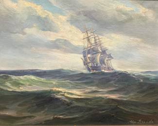 Lot # 77	$500.00	ALEX BREEDE (UNITED STATES 1892-1972) CLIPPERSHIP "SOVEREIGN OF THE SEAS" OIL ON CANVAS	Sight height 11 in, width 14 in. Frame height 15 in, width 17.5 in. Alex Breede (Maine, New York, Latvian, 1892-1972): Born in Latvia, Breede was a mariner and sailor prior to World War I, eventually serving on several U.S. transport ships during the War allowing him to become a U.S. citizen. Alex Breede studied with Guy Pene Du Bois and Warren Shepherd, living and exhibiting in New York until the 1930s. Known as a meticulous and detailed marine artist best known for his paintings of sailing ships, he lived and worked in Maine until his death in 1972. This piece depicts "Sovereign of the Seas" built in East Boston in 1852 by Donald McKay and owned by B. Grinnell and Minturn, Captained by Laughlan McKay. 	Bid at Woodardlipe.com or call 314-899-0098 for more information.