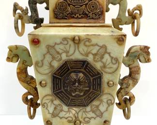Lot # 15	$150.00	CHINESE ALABASTER MOON FLASK WITH CHINESE SYMBOLS	Height 19 in, width 14 in, depth 5.25 in. Large Chinese moon flask in green striated alabaster with imprints of bats, known for prosperity and longevity. Handles are in dragon motifs with medallion on the front. 	Bid at Woodardlipe.com or call 314-899-0098 for more information.