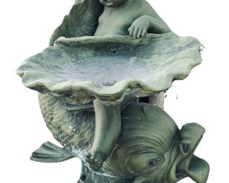 Lot # 75	$1,400.00	EUROPEAN BRONZE ARCHITECTURAL FOUNTAINHEAD FEATURING PUTTO AND SERPENT MOTIF	Height 52.5 in., width 52 in., depth 30.0 in., Cast Bronze Fountainhead with Ornamental Cherub and Fish Motif, featuring 2 water spouts.  Established blue/green verdigris and various stages of surface patination.	Bid at Woodardlipe.com or call 314-899-0098 for more information.