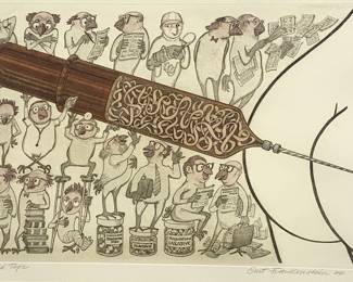 Lot # 92	$200.00	CURT FRANKENSTEIN (UNITED STATES 1922-2009) LITHOGRAPH, 'A SHOT OF RED TAPE' ED. 33/200	Sight: width 27.5 in., height 16.5, frame: 35 width., height 24 in., Hand colored lithograph, graphite signed in lower right and hand colored. Professionally matted and framed as shown. Curt Frankenstein art reveals his passion for surrealism, and he once remarked that he liked the tension between fantasy and reality. Signed in lower right corner, ed. 33/200.	Bid at Woodardlipe.com or call 314-899-0098 for more information.