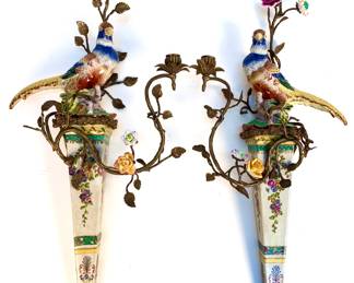 Lot # 105	$400.00	PAIR PORCELAIN PHEASANT SCONCES WITH BRASS CAST VOTIVE AND SCALLOPED HAND CRIMPED FLOWERS 	Height 29 in, width 13.5 in, depth 4.5 in. Pair of Castilian porcelain and gilt metal birds on floral decorative base with cast brass candle holder and porcelain birds. 	Bid at Woodardlipe.com or call 314-899-0098 for more information.