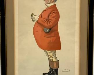 Lot # 21	$50.00	ORIGINAL LITHOGRAPH FROM VANITY FAIR SERIES "THE GENERAL"	Sight height 13.5 in, width 8.25 in, Frame height 17.75 in, width 12 in. Chromolithograph hunting caricature print by Spy. With binoculars. Born 1816. Master of the Devon and Somerset Staghounds. MP for West Somersetshire.	Bid at Woodardlipe.com or call 314-899-0098 for more information.