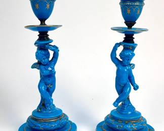 LOT #72 $100.00 SEVRES STYLE AQUA CANDLESTICKS
