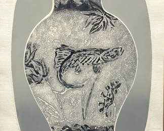 Lot # 91	$100.00	EMBOSSED AND STYLIZED PRINT OF CERAMIC VASE WITH FISH, ED. 125/350 SIGNED. 1989.	Sight; height 29 in., width 20.5 in., frame: height 36 in., width 26 in.  Image of an Asian ceramic vessel with fish motif design.  Heavily embossed pattern on print border. Signed on lower right illegibly, dated 1989.  Limited edition 125/350, distributed by Windsor Art Products Incorporated.	Bid at Woodardlipe.com or call 314-899-0098 for more information.