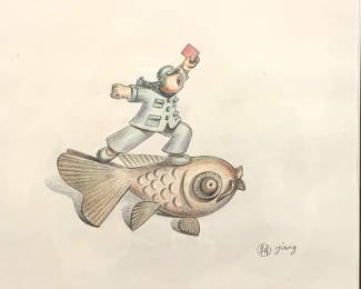 Lot # 115	$6,000.00	 JIANG SHOU (CHINESE B. 1958)  FIGURE ON FISH, PASTEL, SIGNED BY ARTIST	Site height 10.25 in, width 10.25 in. Framed height 17 in, width 17 in. Jiang Shuo studied under the sculptor Professor Zheng Ke. Since then Jiang has widely exhibited her sculptures around the world, including Austria, Indonesia, Singapore, and Switzerland. Her works are also regularly sold through galleries and at auctions in Beijing, Hong Kong, and New York. Many of her works are included in major private and museum collections.	Bid at Woodardlipe.com or call 314-899-0098 for more information.