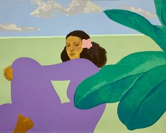 Lot # 81	$200.00	PEGGE HOPPER (AMERICAN B. 1936) "KAILUA NOON I" SIGNED AND NUMBERED SERIGRAPH	Sight height 26.5 in, 33.5 width, Framed height 35 in, width 41.75 in. Serigraph of Hawaiian woman reclining with flower in her hair. Signed in pencil and numbered 209/285.	Bid at Woodardlipe.com or call 314-899-0098 for more information.