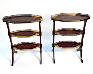 Lot # 79	$1,000.00	PAIR THEODORE ALEXANDER MAHOGANY AND BRASS 3 TIER FRENCH COUNTRY TABLES	Height 28 in., width 20 in., depth 8.5 in. Flame Mahogany Veneer 3 tier Country Table Set by Theodore Alexander. Condition: Veneer on all 6 levels in very good condition and brass railing is in excellent shape without denting or patination. Sturdy. Like New. Theodore Alexander Brass Label on both tables.	Bid at Woodardlipe.com or call 314-899-0098 for more information.