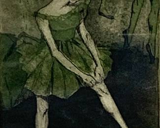 Lot # 31	$100.00	N. BARTNICK "DANCERS" ETCHING ED. 5/9 SIGNED BY ARTIST	Sight height 8.75 in., width 6.0 in., Frame height 20.5 in., width 17.5 in.  Copper plate engraving of ballet dancer in pose.  Edition 5/9 in a decorative gilt frame.  Condition: print and matt have no issues and no defects, slight wear to plaster frame with chips on bottom left and top right.	Bid at Woodardlipe.com or call 314-899-0098 for more information.