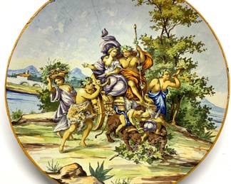 Lot # 49	$200.00	MID CENTURY ITALIAN CERAMIC MAJOLICA CHARGER	Diameter 20.25 in, depth 2.5 in. Large ceramic hand painted Italian plate with Roman scene in multiple colors. 	Bid at Woodardlipe.com or call 314-899-0098 for more information.