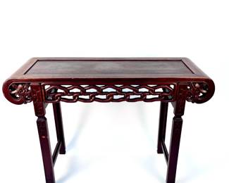 Lot # 107	$800.00	ANTIQUE CARVED CHINESE CHINOISERIE ALTAR TABLE	Height 32.5 in, Length 46 in, depth 15.5 in. Hardwood altar table with intricate design and Asian floral motifs, late 19th century. 	Bid at Woodardlipe.com or call 314-899-0098 for more information.