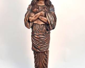Lot # 71	$2,000.00	19TH CENTURY SOLID CARVED WOOD SHIP'S BOW FIGUREHEAD	Height 44.0 in., width 15.0 in, depth 11.0. Solid wood painted and distressed with age, ship's bow figurehead in saintly woman motif, possibly Virgin Mary. 	Bid at Woodardlipe.com or call 314-899-0098 for more information.