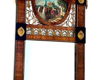 Lot # 106	$400.00	HAND PAINTED TRUMEAU MIRROR WITH GILDING, C. 1900	Height 84 in, width 23.5 in. Intricately carved mirror with swag, urn, and wheat detail on the top in metal. Beaded detail on the frame and hand-painted landscape scene. 	Bid at Woodardlipe.com or call 314-899-0098 for more information.