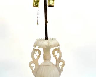 Lot # 100	$150.00	VINTAGE CARVED ALABASTER AMPHORA LAMP WITH ALABASTER FINIAL	Height base 17.5 in, width/depth 5.75; height to finial 38.28. Urn shaped amphora vase alabaster vintage lamp with large alabaster final. 	Bid at Woodardlipe.com or call 314-899-0098 for more information.