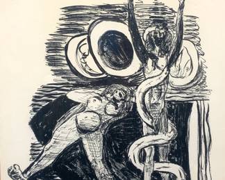 Lot # 108	$800.00	MAX BECKMANN (GERMAN 1884-1950) THE FALL OF MAN, 1946.	Sight height 14 in, width 11.25 in, Frame height 22.75 in., width 18.75 in. Edition of 90 from the Day and Dreams, XV Lithographs by Max Beckmann, New York, Curt Valentin Publisher, 1946. Signed by Artist.	Bid at Woodardlipe.com or call 314-899-0098 for more information.