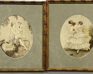 Lot # 26	$50.00	PAIR CAMILLE LUCAS 1936 NYC USA PRINTS ON BOARD	Sight 10 in. width, height 7.5 in., Frame height 16 in, width 14 in.  Pair has matching ornate gilt frames with grey oval matting.  Printed Camille Lucas 1936 NYC USA on print.   	Bid at Woodardlipe.com or call 314-899-0098 for more information.