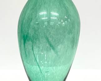 Lot # 28	$50.00	MODERN MOSS GREEN AMERICAN STUDIO HAND BLOWN GLASS VASE WITH TAPERED RIM	Height 17 in., diameter 6 in. Handblown glass vase with applied dark black glass "cookie" foot. Slight mold lines and fritwork noticeable on surface. Clean pontil mark on base, unsigned by artist.	Bid at Woodardlipe.com or call 314-899-0098 for more information.