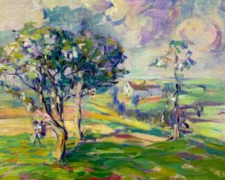 Lot # 112	$2,000.00  ATTR. KATHRYN E. CHERRY (MISSOURI 1880-1931) "FARMHOUSE" OLD LYME, CONN. NO. 10 OIL ON CANVAS	Sight height 14 in, width 16 in. Frame height 17. 5 in, width 19.5 in. Original oil painting on canvas board of farm scene in pastel colors of lavender, blue, green and cream. An influential painter of her time, St. Louis Art Museum holds several Katherine Cherry works in the permanent collection.	Bid at Woodardlipe.com or call 314-899-0098 for more information.