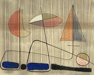 Lot # 80	$400.00	WALTER MENSCH ABSTRACT FORMS, PASTEL ON BOARD, 1958.	Sight height 15.75 in, width 19.5 in. Frame height 23.5 in, width 26.5 in. Mid Century Modern Abstract geometric expressionist original study, signed by artist Walter Mensch and dated '58 in lower right corner. 	Bid at Woodardlipe.com or call 314-899-0098 for more information.