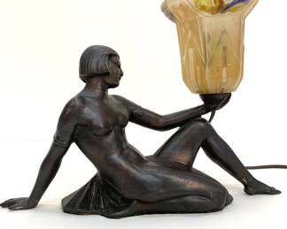 Lot # 18	$100.00	ART DECO RECUMBENT BRASS FIGURAL LAMP WITH ORIGINAL GLASS SHADE	Height 10.25 in, width 13.5 in, depth 3.5 in. Seated female figure in Art Deco style holding a hand blown glass shade. The shade has a colored edge with flowers and Art Deco motif throughout. Condition: there are no major issue to the integrity of the lamp, metal is in good condition, glass shade is without chip or crack.  Cord is stiff but without cracking or loss of insulation.	Bid at Woodardlipe.com or call 314-899-0098 for more information.