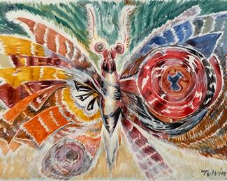Lot # 35	$100.00	RUTH TULVING (ESTONIAN/ CANADIAN 1920-2012) WATERCOLOR ON PAPER. 2003	Sight: width 43 in., height 29 in., frame: width 51 in., 36 in., Tulving exhibited widely throughout North America, South America, Europe, and the People’s Republic of China with many solo exhibitions. A recipient of numerous awards and prizes, she was elected to the Royal Canadian Academy of Arts in 1977. She became best known for her magnificent Butterflies, a series she began painting in 1999. This bright and expressive watercolor of a butterfly on two sheets of artist vellum paper. Signed by artist, 2003 in lower right corner.	Bid at Woodardlipe.com or call 314-899-0098 for more information.