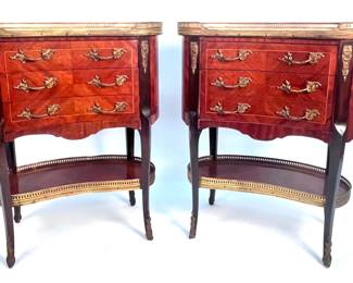 Lot # 40	$1,000.00  	SPANISH MARBLE TOP KIDNEY SHAPE 20TH CENTURY MESITA DE NOCHE/PAIR	Height 30.0 in, width 24.5 in, depth 14.0. Pair of kidney shaped accent tables with brass fret wood detailing, marquetry, brass ormolu, and a veined marble top with second shelf trimmed in brass. Stamped Made in Spain. Condition: no issue of wear on the marble tops.  Brass has visible patination commensurate with age.  Slight minor abrasion on lower drawer.  Frames are solid.	Bid at Woodardlipe.com or call 314-899-0098 for more information.