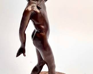 Lot # 73	$400.00	ANNE BURGESS ROWE (MISSOURI 1940-2020) SOLID BRONZE, YOUTH ON WALNUT/ MARBLE SWIVEL BASE ED. 5/20, SIGNED. 1996. (BENEFIT FOR ART ST. LOUIS)	Height 20 in,  width 11 in., depth 8 in., Solid bronze sculpted young female form on marble and walnut swivel base. Signed ROWE '96 5/20 on figure.  A bequest from the estate of Anne Burgess Rowe: proceeds from the sale of this original sculpture will directly benefit Art St. Louis. Condition: very good, no surface or attachment issues to report. Swivel mechanism is completely functional.  No evidence of surface patination.	Bid at Woodardlipe.com or call 314-899-0098 for more information.