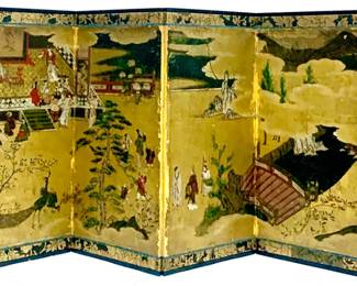 Lot # 118	$6,000.00  	EDO/TOKUGAWA PERIOD (1615-1868: pre 1800) 8 PANEL INK AND GOLD LEAF SCREEN "CEREMONIAL SCENE WITH WARRIORS"	Total: width 127 in., height 31.75 in., panel: width 31.75 in., height 31.75 in. Thin black lacquer wood moulding, width .625 in. Edo Period Japanese 8 panel screen, ink and gold leaf on paper, textile borders, from the Kano School depicting warriors riding horses on far right panel, bridge and large pine tree in center panels, ceremonial scene with musicians on large stage with peacock in lower foreground, bridge in left panel with spectators watching scene upper left corner.  Artist unknown. Condition: Fair, loose fabric and loss of gilding on edges. Minor water mark on exterior fabric cover, minor tear/indentation on outside paper, no perforation to screen surface.	Bid at Woodardlipe.com or call 314-899-0098 for more information.