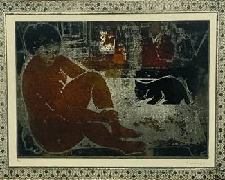 Lot # 32	$100.00	FRANTISEK EMLER (CZECH 1912-1992) 'WOMAN AND CAT' COLOR LITHOGRAPH, ED. 7/50, 1965.	Sight height 15 in, width 20 in, Frame: height 21.21 in. width 26 in. Color Lithograph by artist, F. Emlen, signed and editioned 7/50. Modern compositional nude with cat.	Bid at Woodardlipe.com or call 314-899-0098 for more information.
