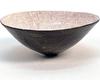 Lot # 83	$300.00	RODDY BROWNLEE REED (UNITED STATES 1916-2005) PORCELAIN WITH CRAQUELURE GLAZE, SIGNED R. REED '47	Height 2 in., diameter 5.25 in. Very early career, 1947, work by Roddy Brownlee Reed. The tall tapering bowl with small circular base in muted mauve pink crackle glaze overall visible only inside the vessel while the exterior is decorated in black/brown gold bars in reverse tumbling exuberantly down the sides with crackle pattern of the glaze showing through, signed R. Reed 47 on the small base.  Similar work may be seen in the permanent collections at the Smithsonian and  of the Canton Museum of Art. 	Bid at Woodardlipe.com or call 314-899-0098 for more information.