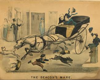 Lot # 20	$75.00	ANTIQUE COLOR LITHOGRAPH "THE DEACON'S MARE" GETTING THE WORD GO! FROM A BAD LITTLE BOY ON SUNDAY MORNING	Sight height 10.25 in, width 14 in. Framed height 14.25 in, width 18.25 in. Published by Currier & Ives, this hand-colored lithograph, dated 1879, depicts a racing mare pulling a two-wheeled carriage down a city street. Some wear on the bottom and sides of the print. Framed. 	Bid at Woodardlipe.com or call 314-899-0098 for more information.