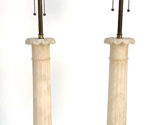 Lot # 103	$250.00	VINTAGE ITALIAN NEOCLASSICAL ALABASTER COLUMN LAMPS, PAIR	Height of base 20 in, total height 33 in, depth 6 in, width 6 in. Pair of double light carved alabaster lamps with original hardware and neoclassical detail. One has been re-wired. 	Bid at Woodardlipe.com or call 314-899-0098 for more information.
