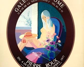 Lot # 36	$50.00	GALERIE VENDOME PIERRE ROUX, EXHIBITION POSTER, 1977.	Sight: 24 in. x 20 in. oval. frame: height 30 in., width 25 in., Galerie Vendome, Paris. Exhibition Poster Pierre Roux, 1977.	Bid at Woodardlipe.com or call 314-899-0098 for more information.