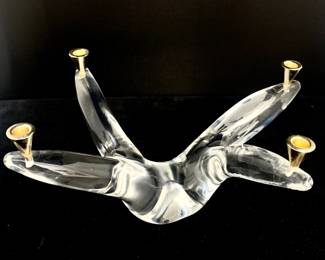 Lot # 12	$50.00	FRENCH CRYSTAL 4 ARM VOTIVE BY CRISTALLERIE SCHNEIDER, 1970.	Height 4.5 in, width 8 in., depth 4.5 in., Solid crystal cut into four separate arms while molten, each arm extended by hand.  Bottom polished and signed Schneider France. Condition: Very Good, no issue to report.	Bid at Woodardlipe.com or call 314-899-0098 for more information.