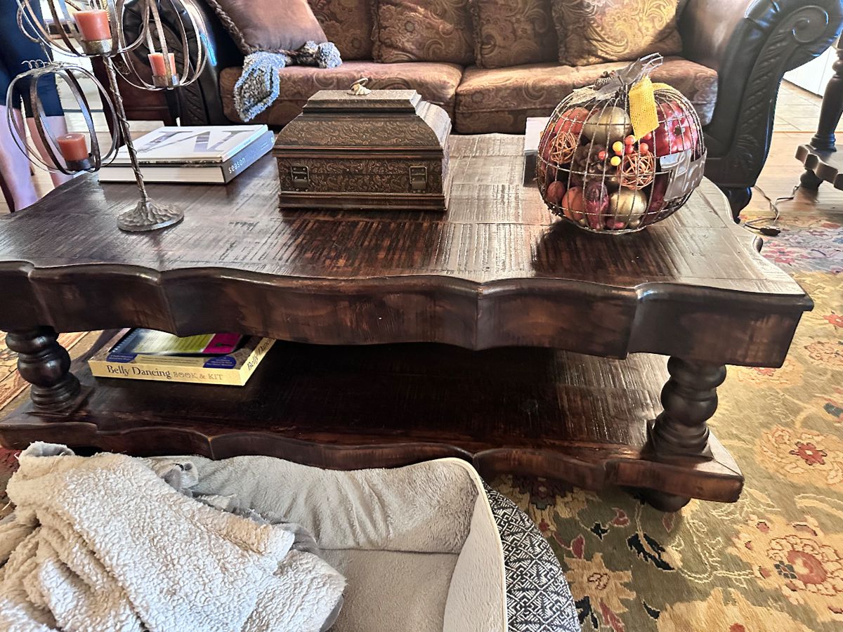 Wood coffee table 53 inches long ,19 tall , 32 inches wide $299.00