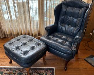 Classic Leather Brand Wing Chair and Ottoman       Chair: 45"h x 31"w x 33"d       Ottoman: 18"h x x 28w x 23"d                                                                