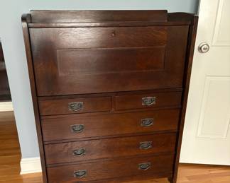  Stickley and Co. Fall Front Desk  - 4 Drawer with 9 Interior Compartments and Small Panel Door  - Copper Hardware             45"h x 36"w x 15"d