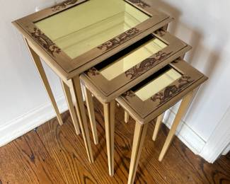 Set of Chinoiserie Painted Nesting Tables with Gold Mirror Tops