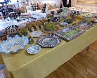 Collection of MacKenzie-Childs serving pieces, glassware & placemats