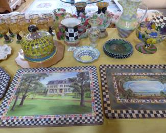 Collection of MacKenzie-Childs serving pieces, glassware & placemats