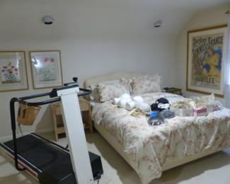 Antique framed French poster, bed & bedding